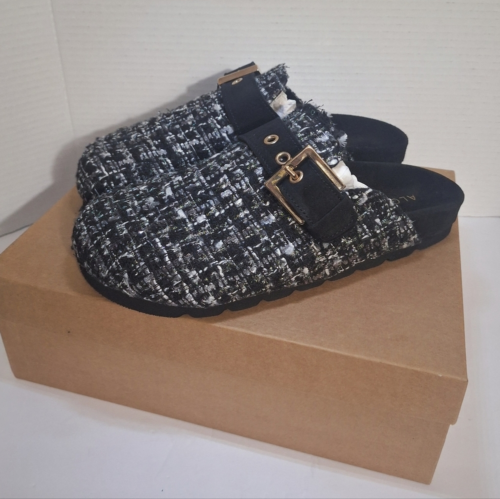 Alohas By Anthropologie Black White Tweed Slip On Slides Womens Size 9.5 NIB